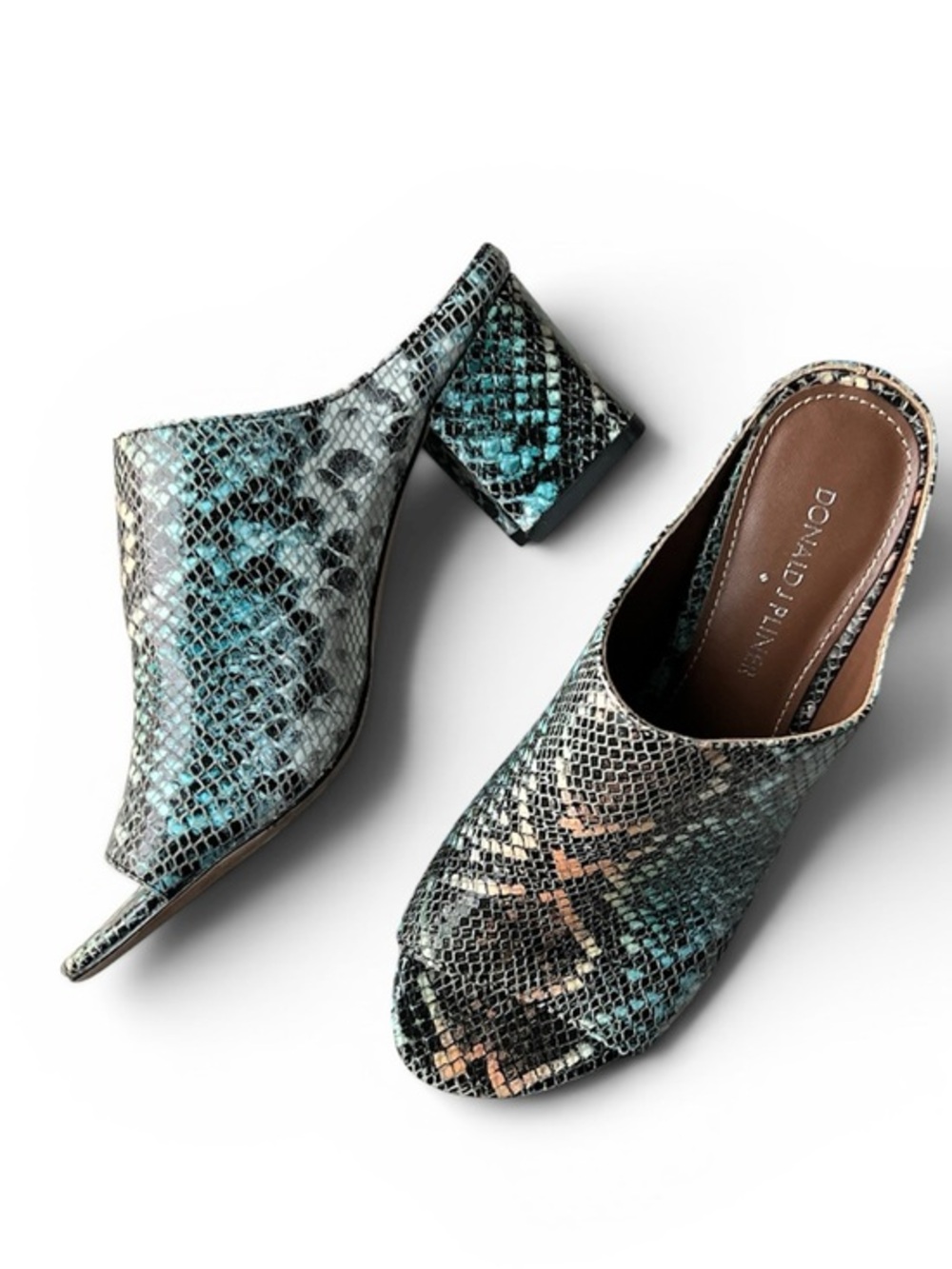 Donald J Pliner Snakeskin Embossed Leather Block Heel Mules Turquoise Blue Women